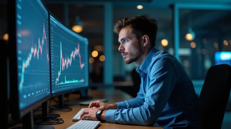 Analyst at a newsroom desk reviewing on-screen NFT volume and wallet activity with cautious optimism.