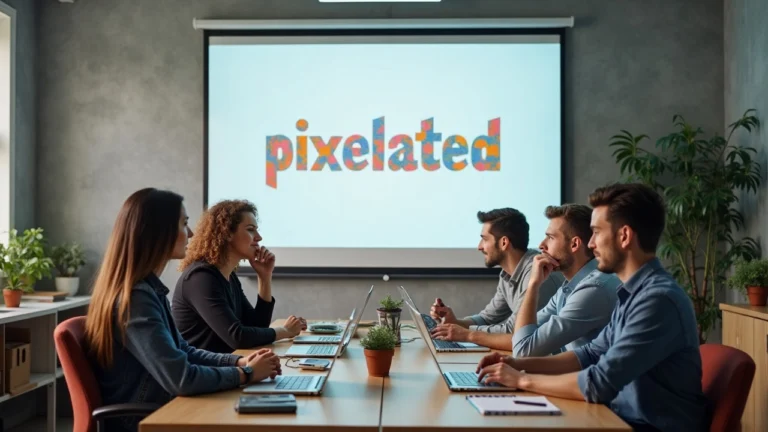 Editorial newsroom scene with Pixelated Identities branding at center and icons for Heefleursss and Vaelunth