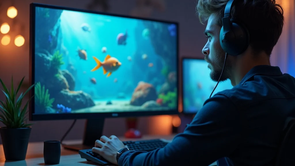 Gamer at desk viewing aquarium-battle interface, signaling Aquarium Quest Alpha playtest and 15,000 RON reward pool