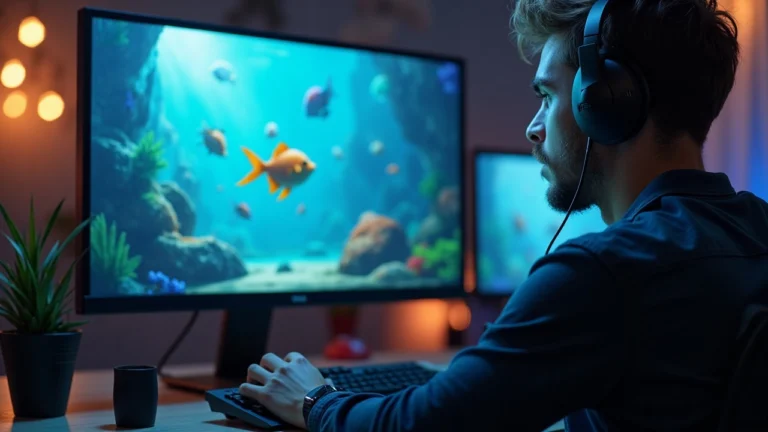 Gamer at desk viewing aquarium-battle interface, signaling Aquarium Quest Alpha playtest and 15,000 RON reward pool