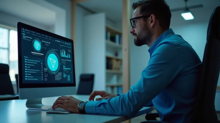 Editorial portrait of a financial analyst in a modern office, monitor displays TRON branding and tokenized private credit fund visuals.