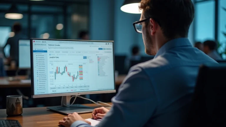 Editorial portrait of a financial analyst at a newsroom desk, monitor shows Solana logo and STAC AAA CLO document.