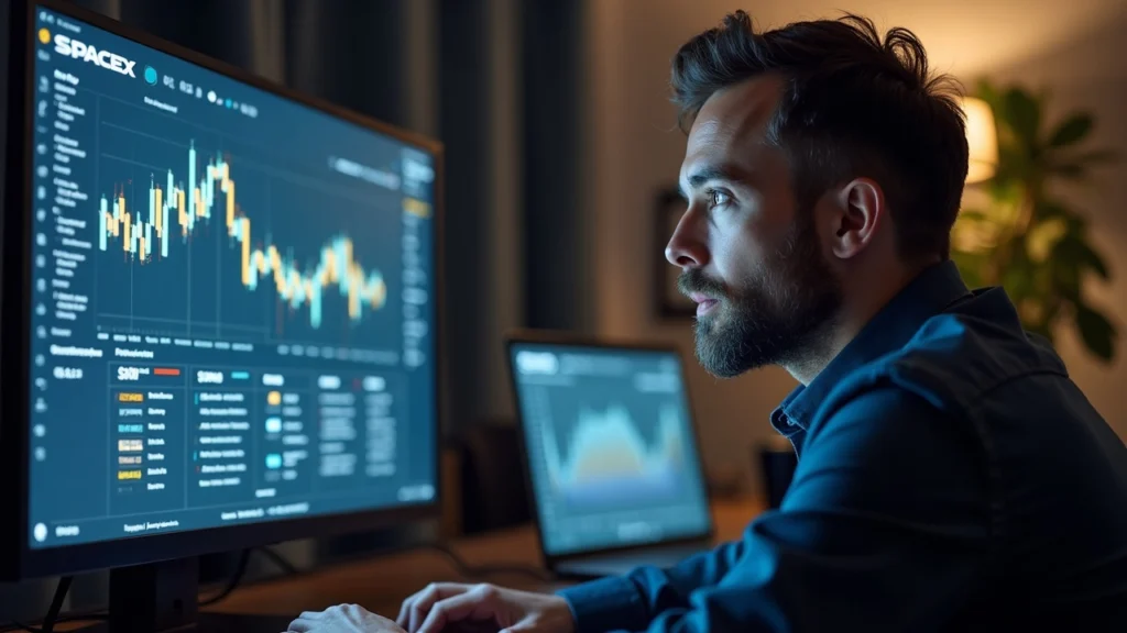 Editorial portrait of a professional at a desk reviewing a screen displaying SPCXon tokenized SpaceX shares across Solana, Ethereum and BNB Chain.