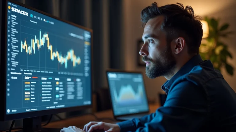 Editorial portrait of a professional at a desk reviewing a screen displaying SPCXon tokenized SpaceX shares across Solana, Ethereum and BNB Chain.