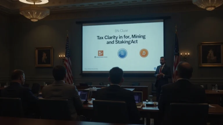 Policy briefing in a chamber with a slide titled Tax Clarity for Mining and Staking Act and crypto logos on screen.