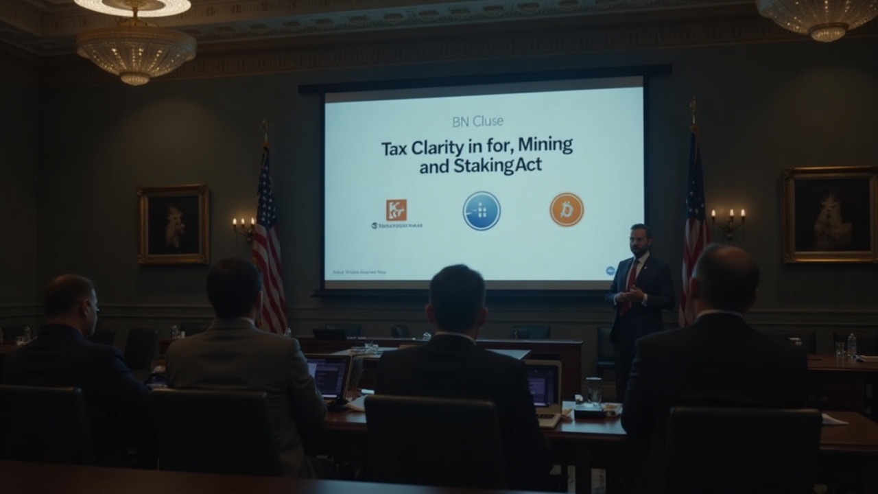 Policy briefing in a chamber with a slide titled Tax Clarity for Mining and Staking Act and crypto logos on screen.