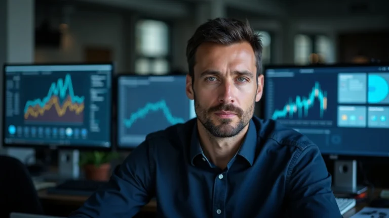 Editorial portrait of a Tezos analyst in a newsroom, with a monitor showing May 2026 dashboards and live deployments.
