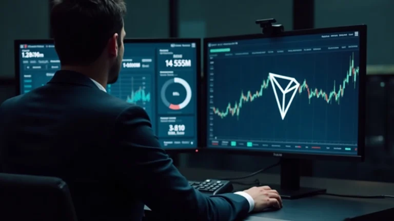 Analyst at desk with newsroom-style setup, monitor shows TRON logo and 14.55M transactions.