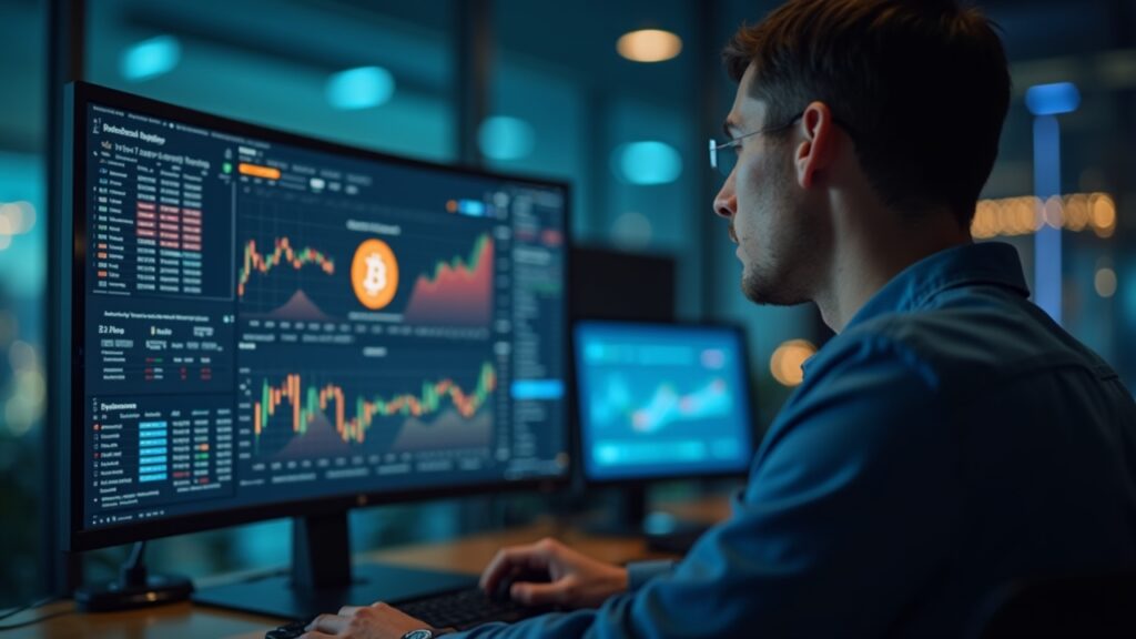 Editorial portrait of a newsroom analyst viewing a monitor with Bitcoin, Sui, and Hashi infrastructure diagrams for BTC DeFi.