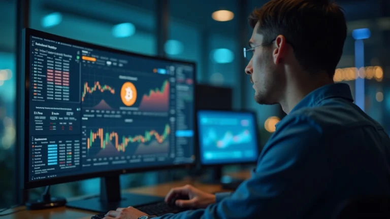 Editorial portrait of a newsroom analyst viewing a monitor with Bitcoin, Sui, and Hashi infrastructure diagrams for BTC DeFi.