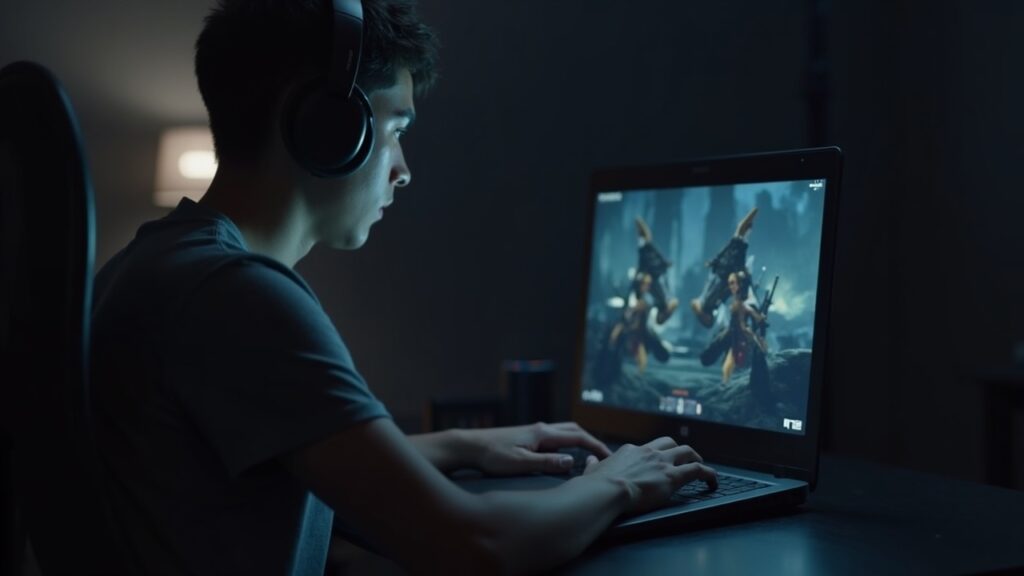 Editorial portrait of a game tester in a studio, focused on a laptop displaying a Ronin PvP playtest scene.