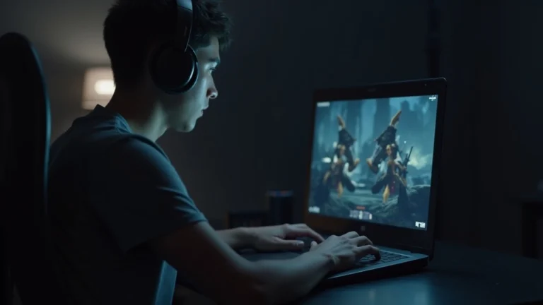 Editorial portrait of a game tester in a studio, focused on a laptop displaying a Ronin PvP playtest scene.