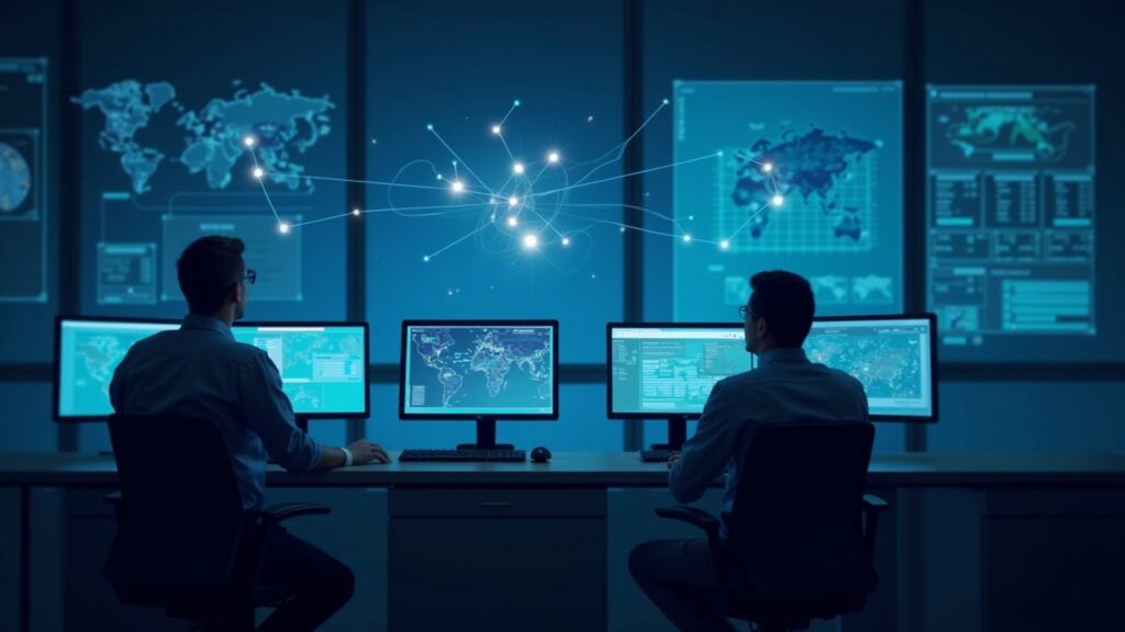 Tech at a telecom operations center with network maps and a quantum workflow overlay, AT&T and D-Wave integration.