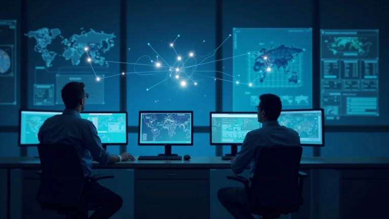 Tech at a telecom operations center with network maps and a quantum workflow overlay, AT&T and D-Wave integration.