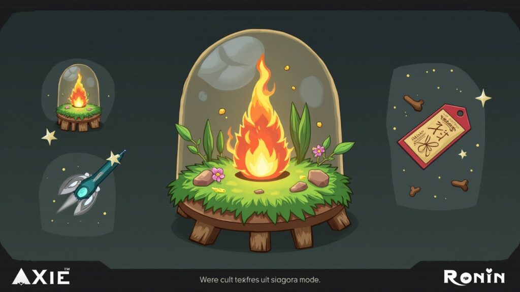 Terrarium scene with Atia's Flame, Axie silhouettes, land items and Fortune Slips on Ronin, hinting at a giveaway.