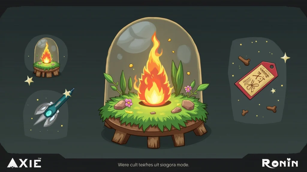 Terrarium scene with Atia's Flame, Axie silhouettes, land items and Fortune Slips on Ronin, hinting at a giveaway.