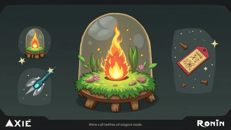 Terrarium scene with Atia's Flame, Axie silhouettes, land items and Fortune Slips on Ronin, hinting at a giveaway.