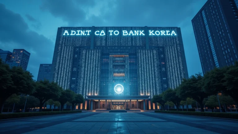 Editorial photo of the Bank of Korea building with a digital currency overlay and a bank-to-bank settlement scene.