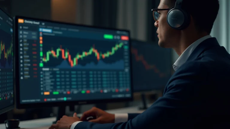 Editorial shot of a trader at a desk monitoring Binance bStock tokenized equities trading 24/7 against USDT, newsroom style