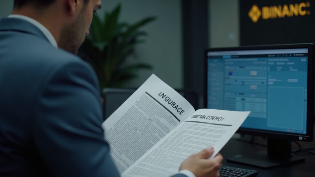 Professional reviews a Designated Contract Market document with a CFTC monitor and Binance.US screen in a newsroom