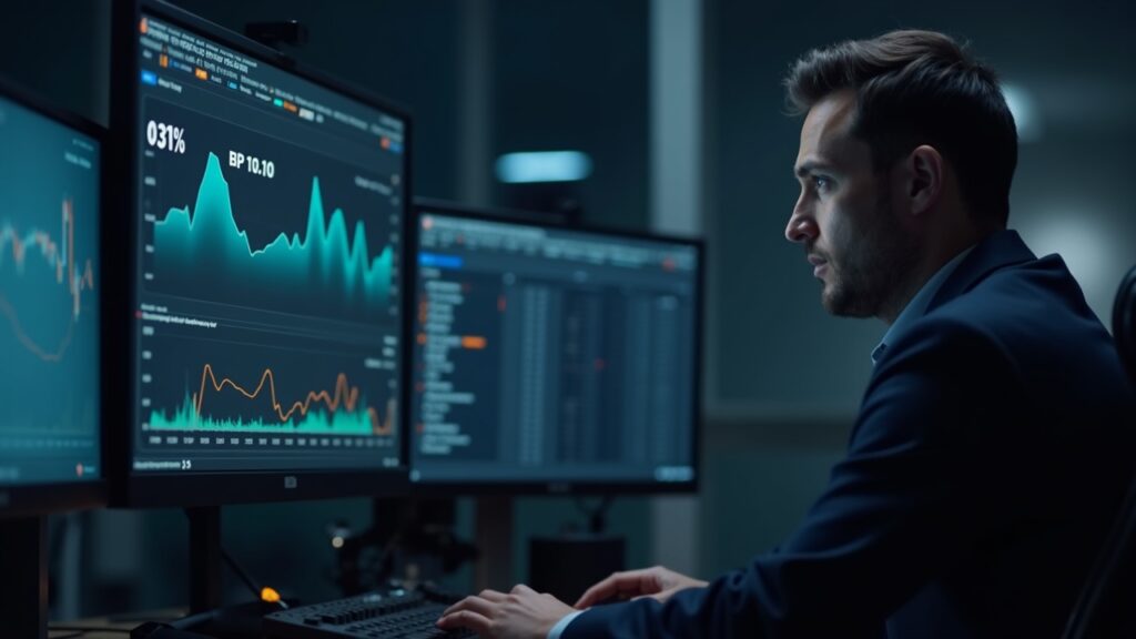 Analyst at a newsroom desk monitors 0.31% BIP-110 signaling with a Bitcoin graphic on screen.