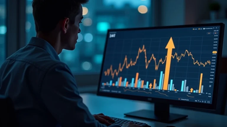Newsroom analyst views a monitor showing Bitcoin ETF inflow data and a rising arrow symbolizing IBIT inflow.