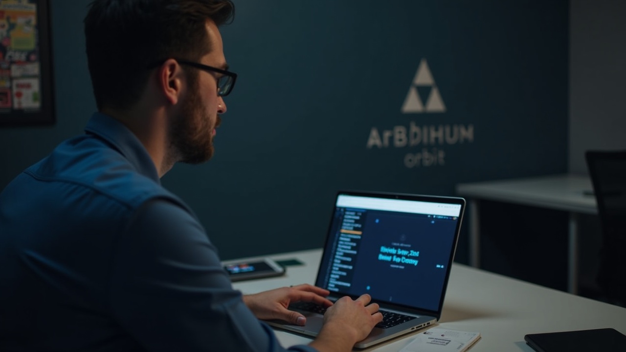 Editorial portrait of a journalist at a desk, laptop shows Block Clear on Robinhood Chain, with Arbitrum Orbit branding in the background.