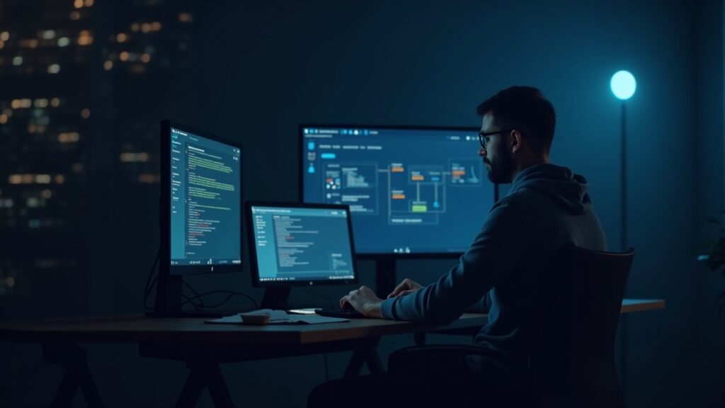 Developer at a desk monitoring an on-chain AI agent workflow on a large screen, with a subtle BNB Chain logo.