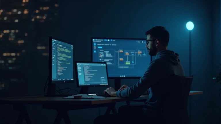 Developer at a desk monitoring an on-chain AI agent workflow on a large screen, with a subtle BNB Chain logo.