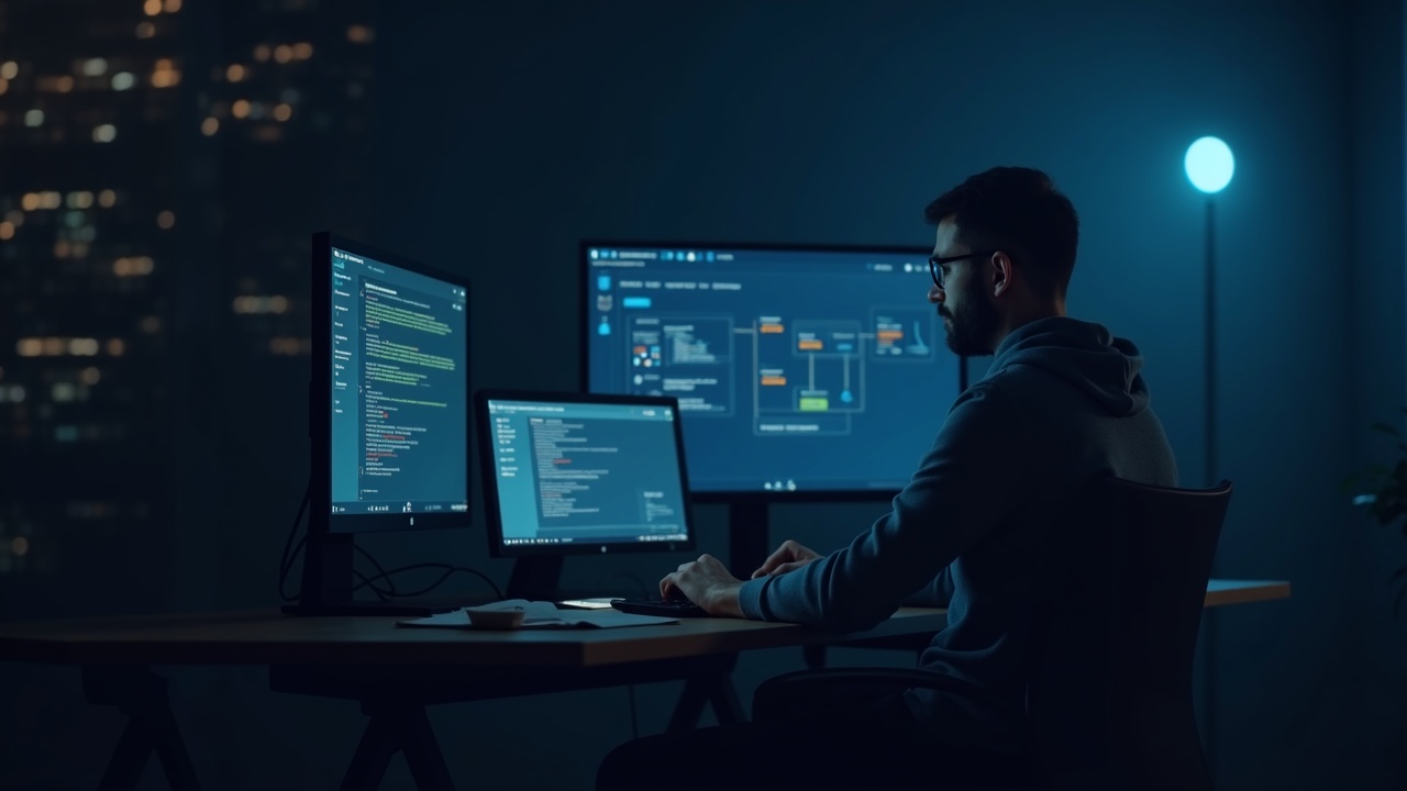 Developer at a desk monitoring an on-chain AI agent workflow on a large screen, with a subtle BNB Chain logo.