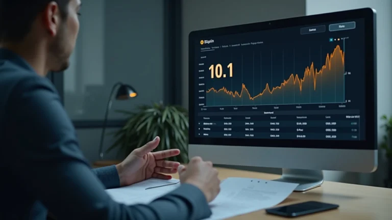 Executive reviews financial documents at a clean desk; 10:1 reverse split ticker and Bitcoin balance chart on screen
