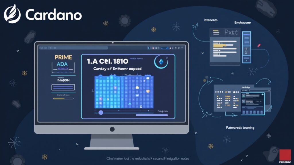 Editorial scene showing Cardano PRIME doc, 120M ADA, Ethereum UTXO diagram, RealFi testnet UI, EMURGO exit notes.