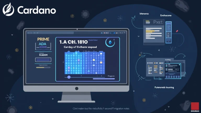 Editorial scene showing Cardano PRIME doc, 120M ADA, Ethereum UTXO diagram, RealFi testnet UI, EMURGO exit notes.