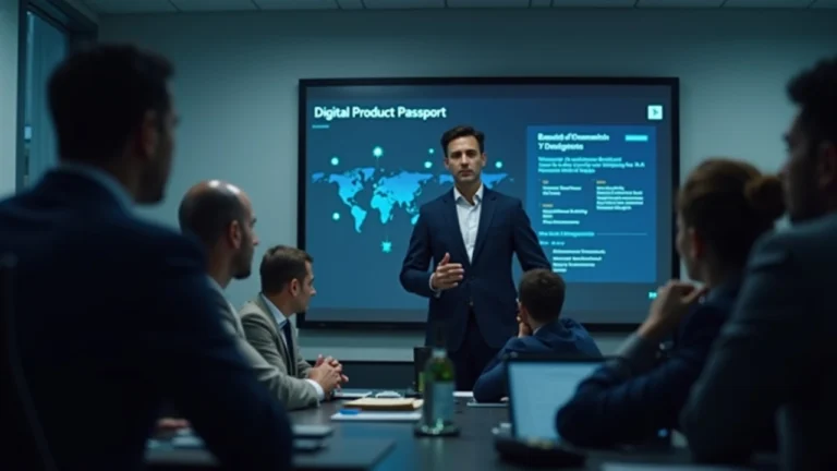 Trainer leads blockchain training in a modern classroom; screen shows a ledger and Digital Product Passport, Brazil-focused.