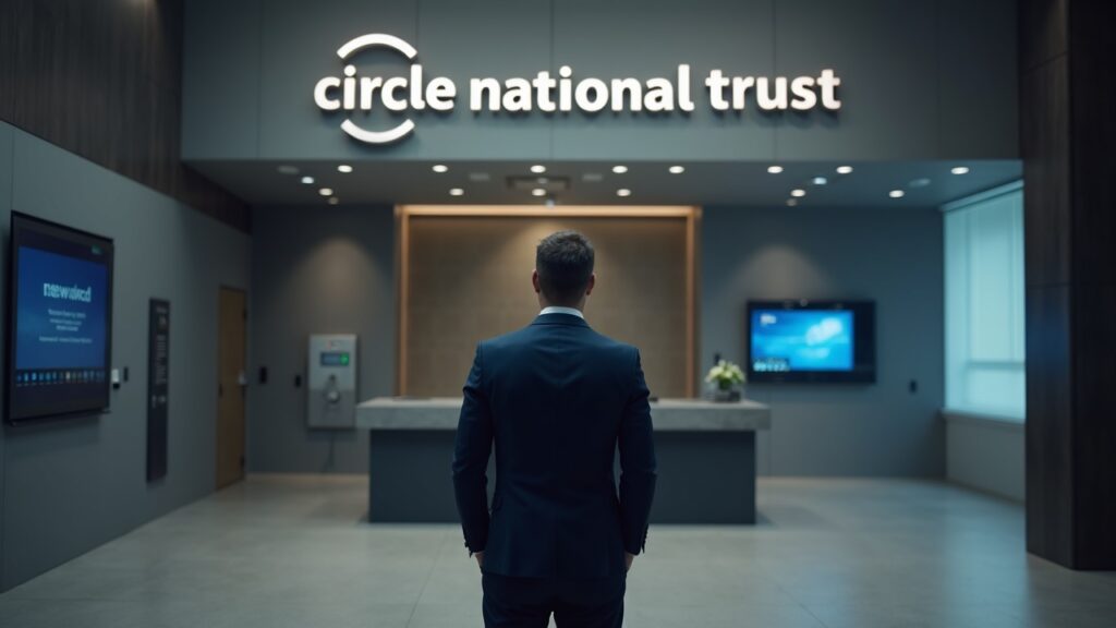 Editorial photo of a modern bank lobby with Circle National Trust signage, suited executive at center, vault in background.