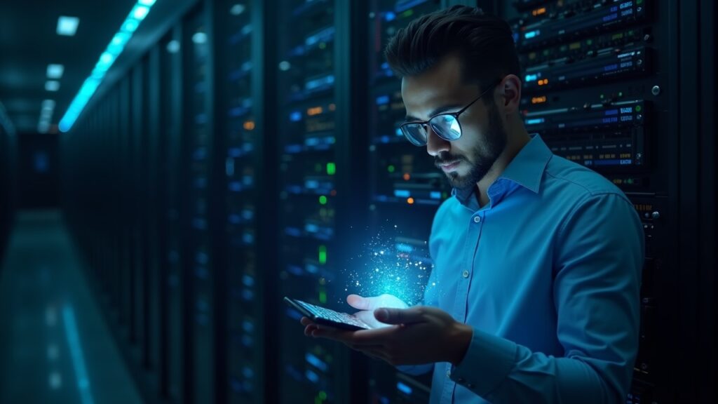 Trader in a secure data center with a bank-grade server and holographic tokens for stocks and Treasuries.