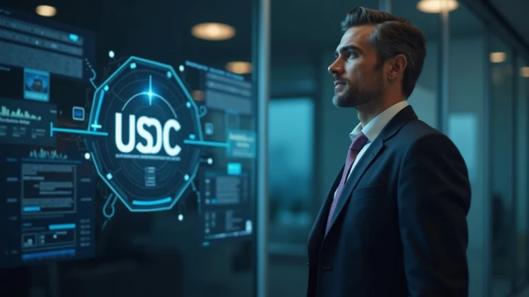 Suited executive in a Dubai DIFC office with a digital USDC emblem on a screen, symbolizing institutional minting access.