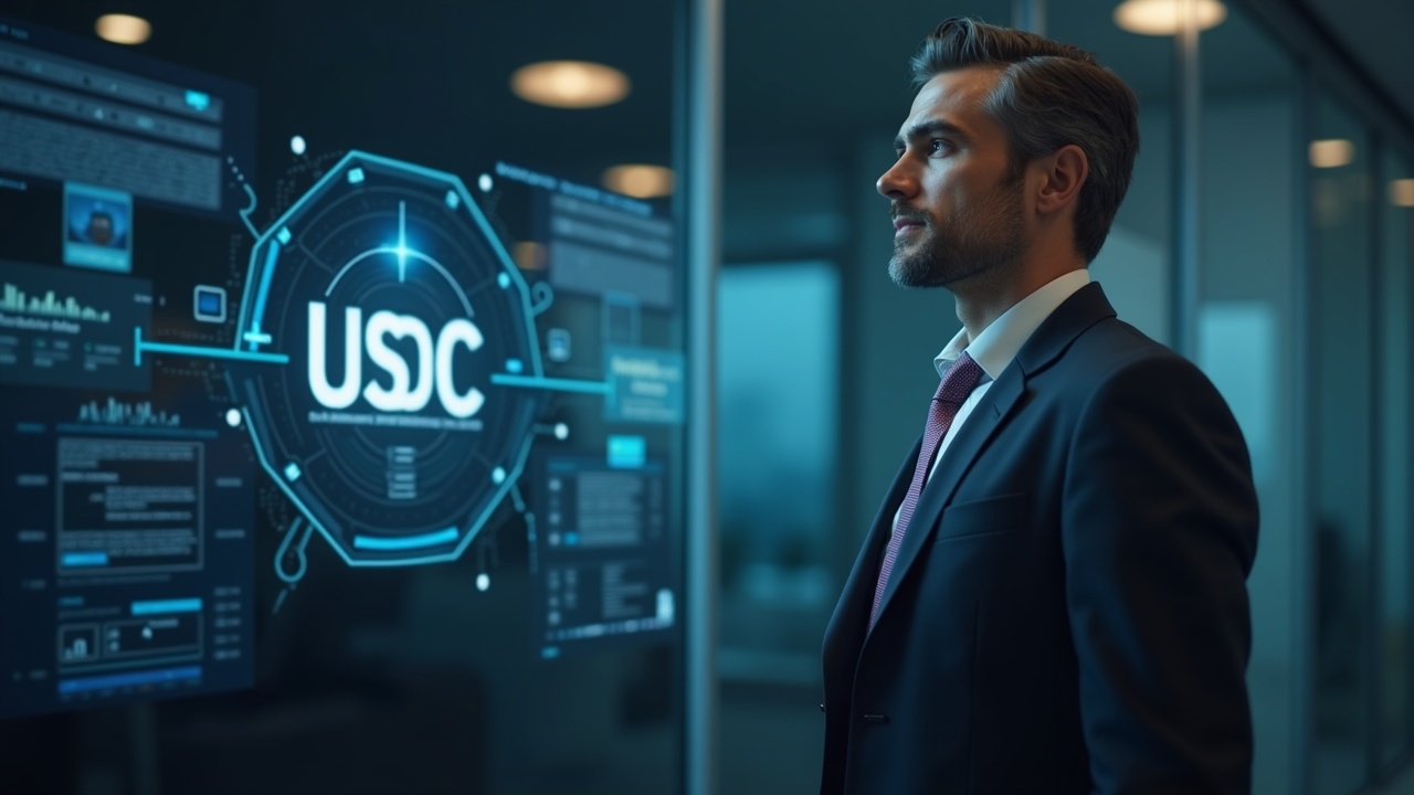 Suited executive in a Dubai DIFC office with a digital USDC emblem on a screen, symbolizing institutional minting access.