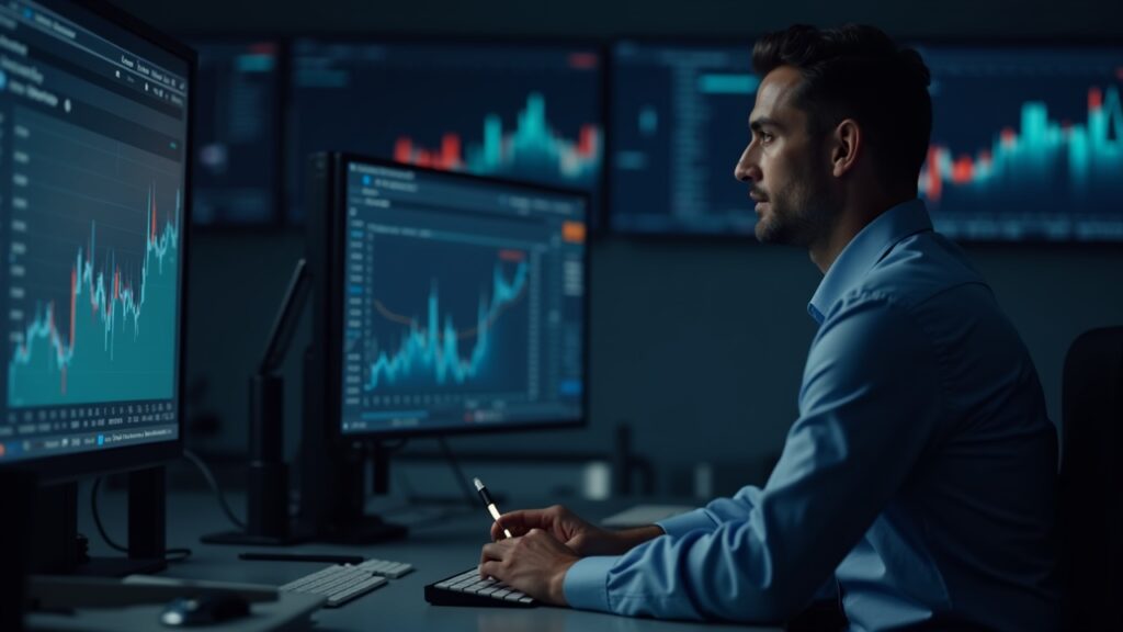 Analyst in newsroom monitors Edel Finance dashboard with red alert and on-chain traces.