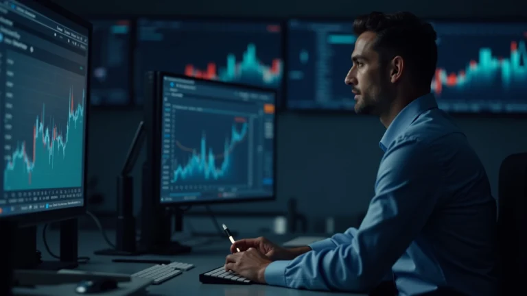 Analyst in newsroom monitors Edel Finance dashboard with red alert and on-chain traces.