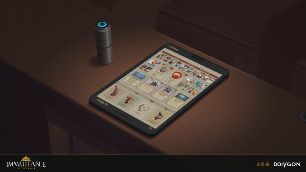 Editorial shot of Elowyn on Immutable Play: tablet with card grid and rewards panel, Polygon and Immutable branding.
