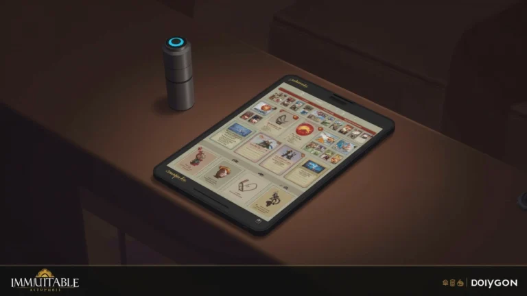 Editorial shot of Elowyn on Immutable Play: tablet with card grid and rewards panel, Polygon and Immutable branding.