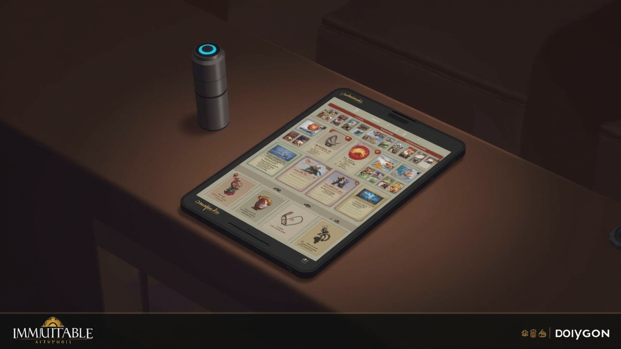 Editorial shot of Elowyn on Immutable Play: tablet with card grid and rewards panel, Polygon and Immutable branding.