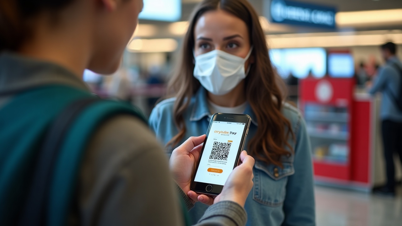 Traveler at Emirates checkout paying with Crypto.com Pay; phone shows Crypto.com app and a visible QR code.