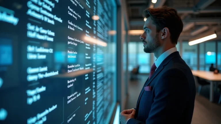 Editorial shot of a suited professional beside a glass panel listing MiCA CASPs, with Ripple Europe and EU banks visible in a newsroom setting.