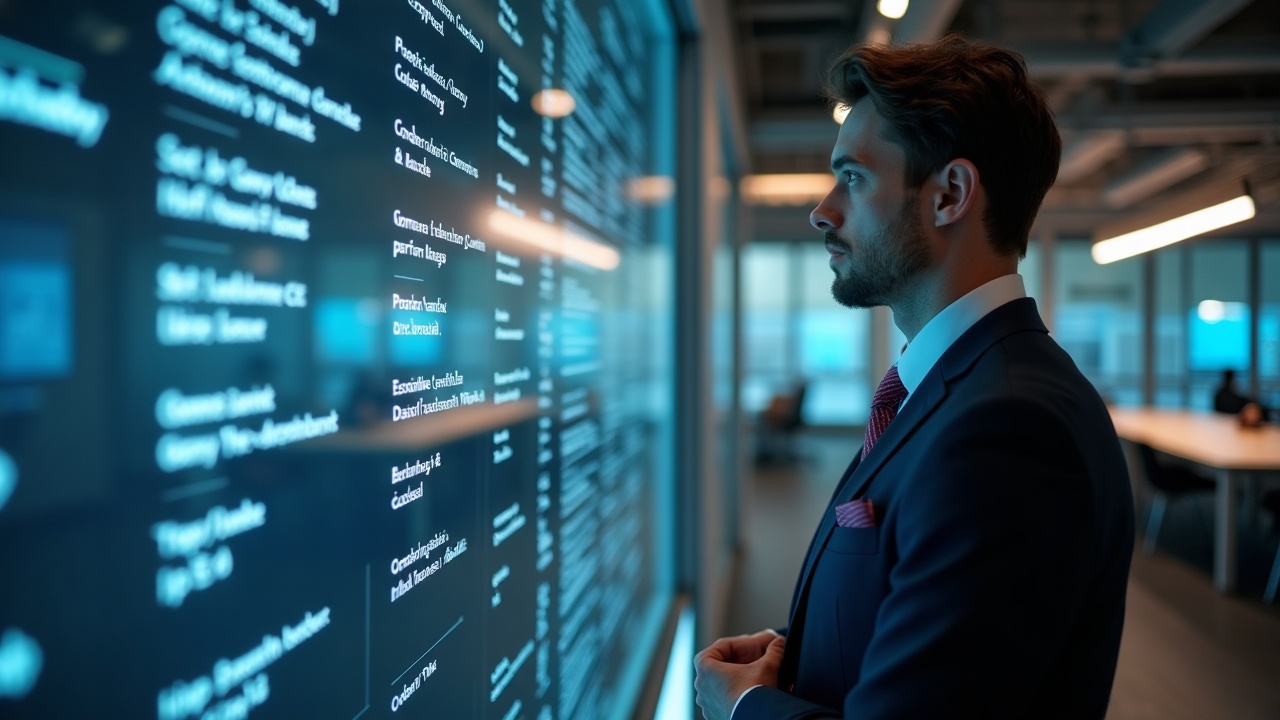 Editorial shot of a suited professional beside a glass panel listing MiCA CASPs, with Ripple Europe and EU banks visible in a newsroom setting.