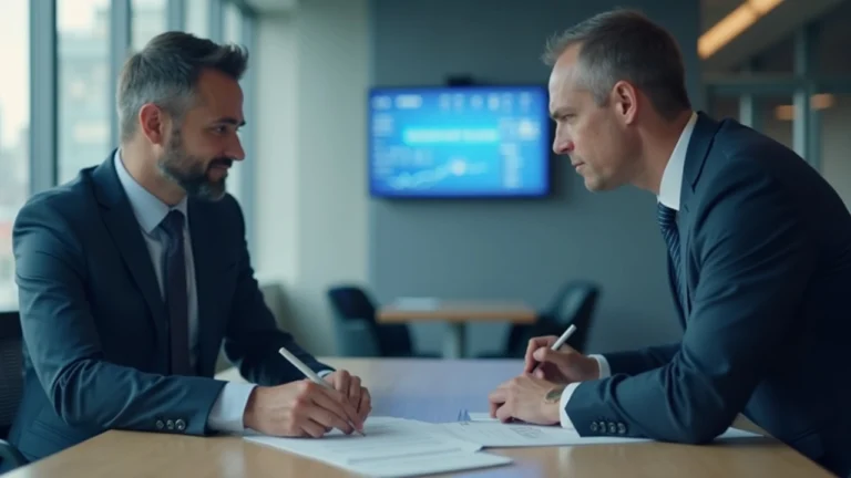 Executives sign acquisition in a modern office, with a display of Fanatics Markets, Water Street Labs, and CX Clearinghouse.