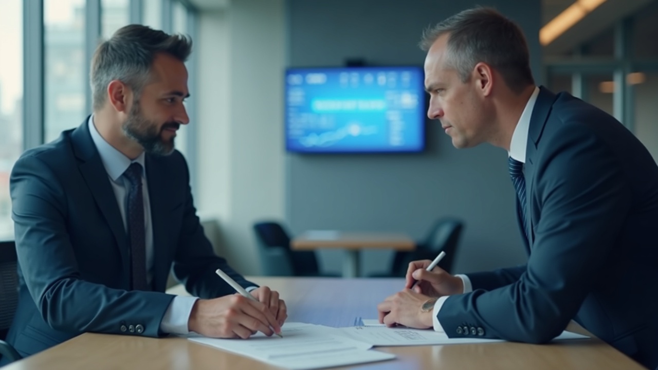 Executives sign acquisition in a modern office, with a display of Fanatics Markets, Water Street Labs, and CX Clearinghouse.