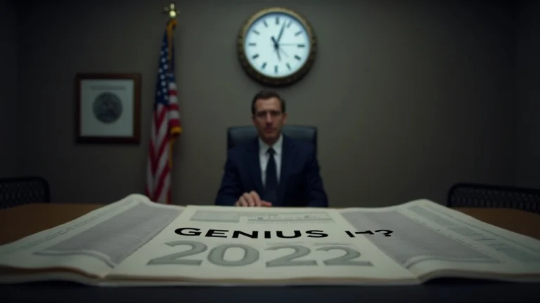 Editorial photo of a government desk with GENIUS Act papers, a 2026 clock, and a subtle digital coin icon.
