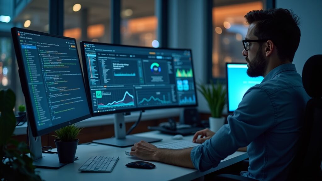 Editorial portrait of a developer at a clean desk with monitors showing on-chain payments for Algorand GoPlausible x402